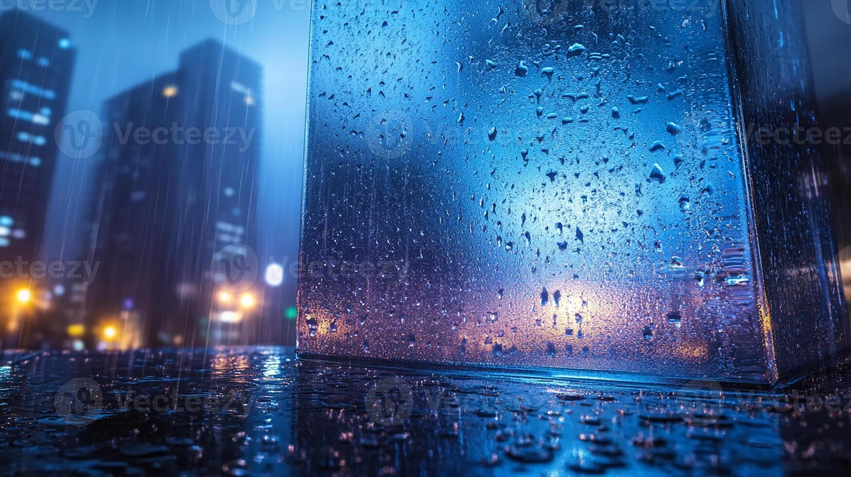 Rainy Night in the City. Glass Reflections, Raindrops, and Urban Lights in Moody Atmosphere photo