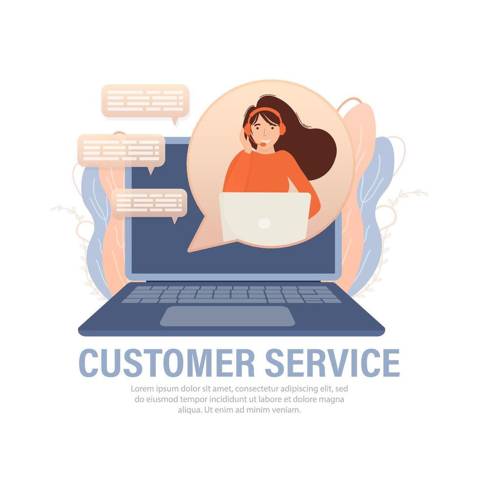 Call center, hotline flat illustrations. Smiling office workers with headsets cartoon characters. Character with headphones and microphone with laptop. vector
