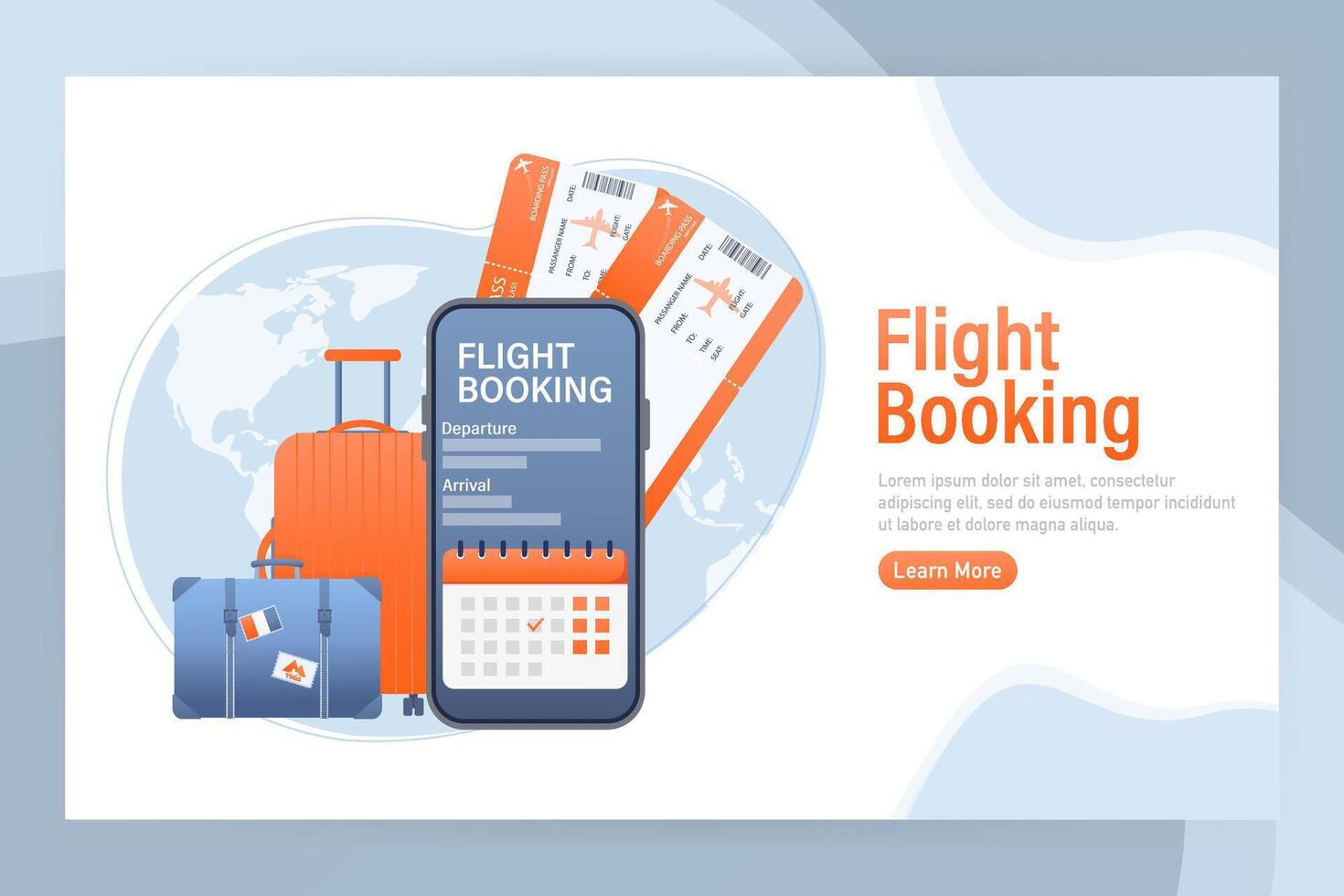 Flyer design for promotion design. Flight tickets online booking illustration landing page. Flat design illustration. Travel icon. vector