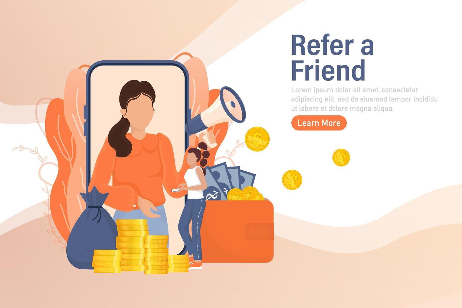 Template with refer a friend man holding megaphone on white background for flyer design. illustration in flat style. vector