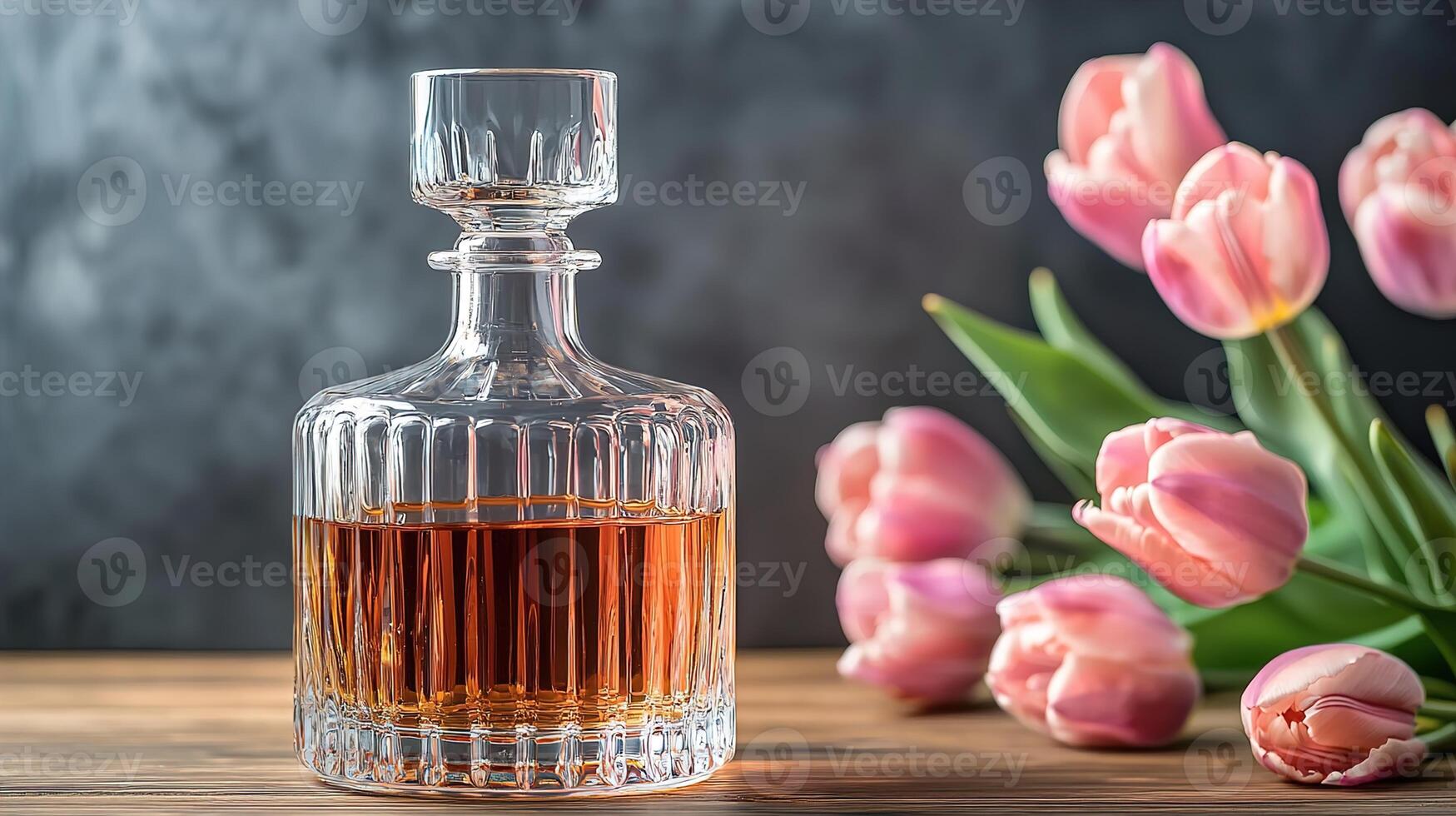 Elegant glass decanter filled with amber liquor beside fresh pink tulips on a wooden table, creating a refined and inviting atmosphere for any setting photo