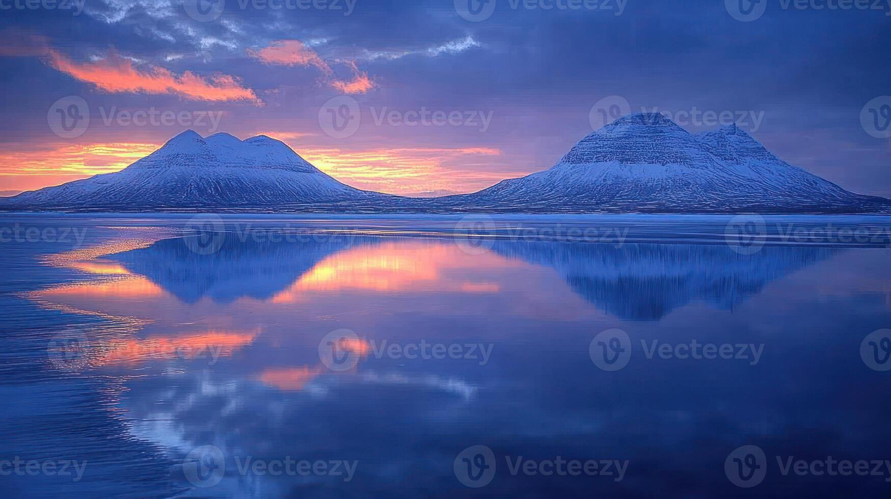 Snow-capped mountains mirrored in a serene, tranquil lake at sunrise. photo
