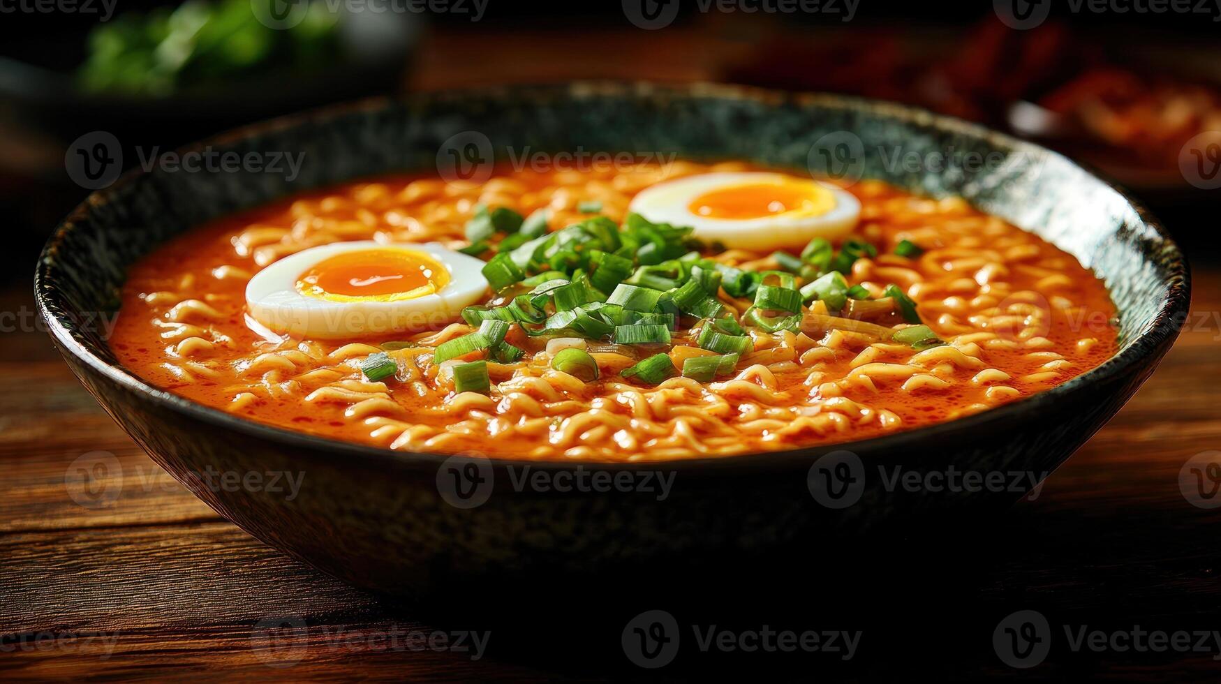 Spicy ramen noodles with soft boiled eggs and green onions in a bowl. photo