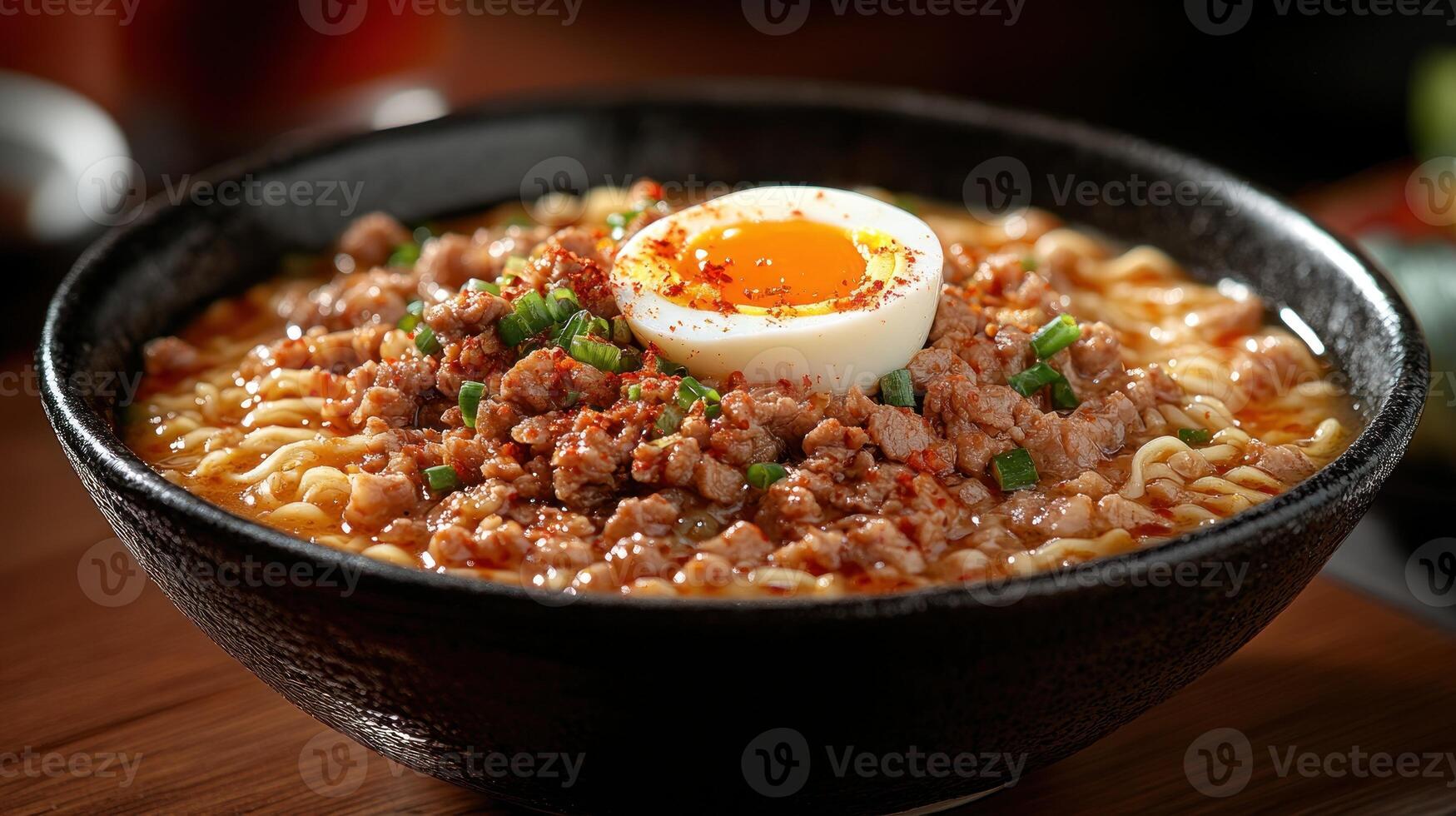 Spicy ramen noodles with minced pork and soft boiled egg in a dark bowl. photo