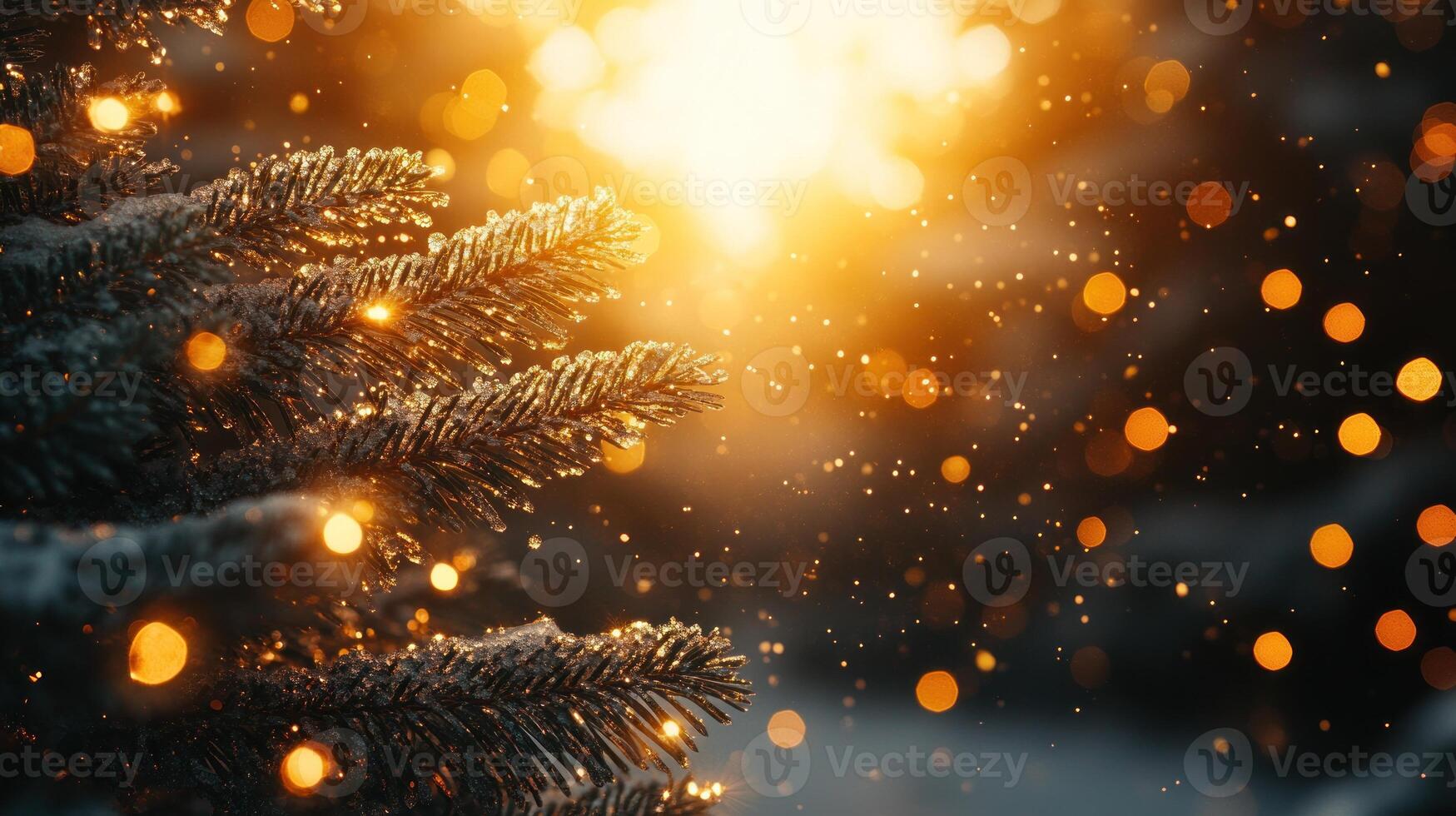 Winter Christmas tree branch with golden bokeh lights. Snow covered branches with warm golden lights. photo