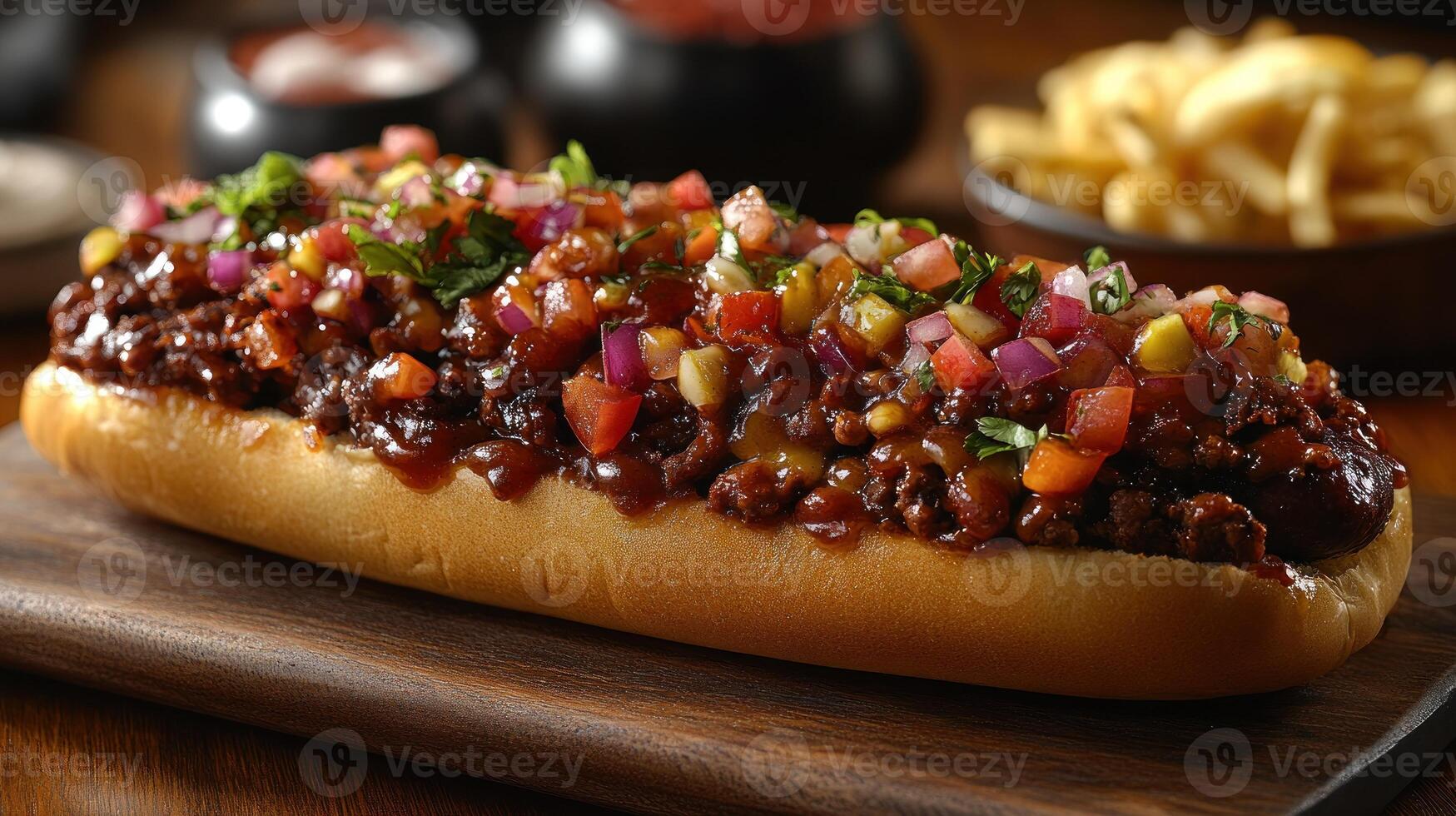 Sloppy joe on a long roll with fresh salsa and french fries. photo