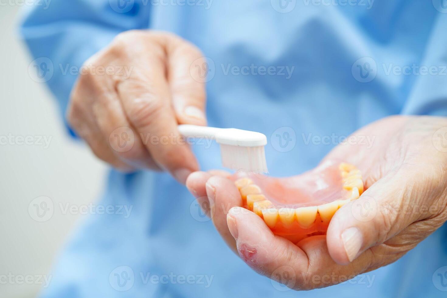 Doctor clean teeth denture with toothbrush for teach patient and dentist studying about de photo