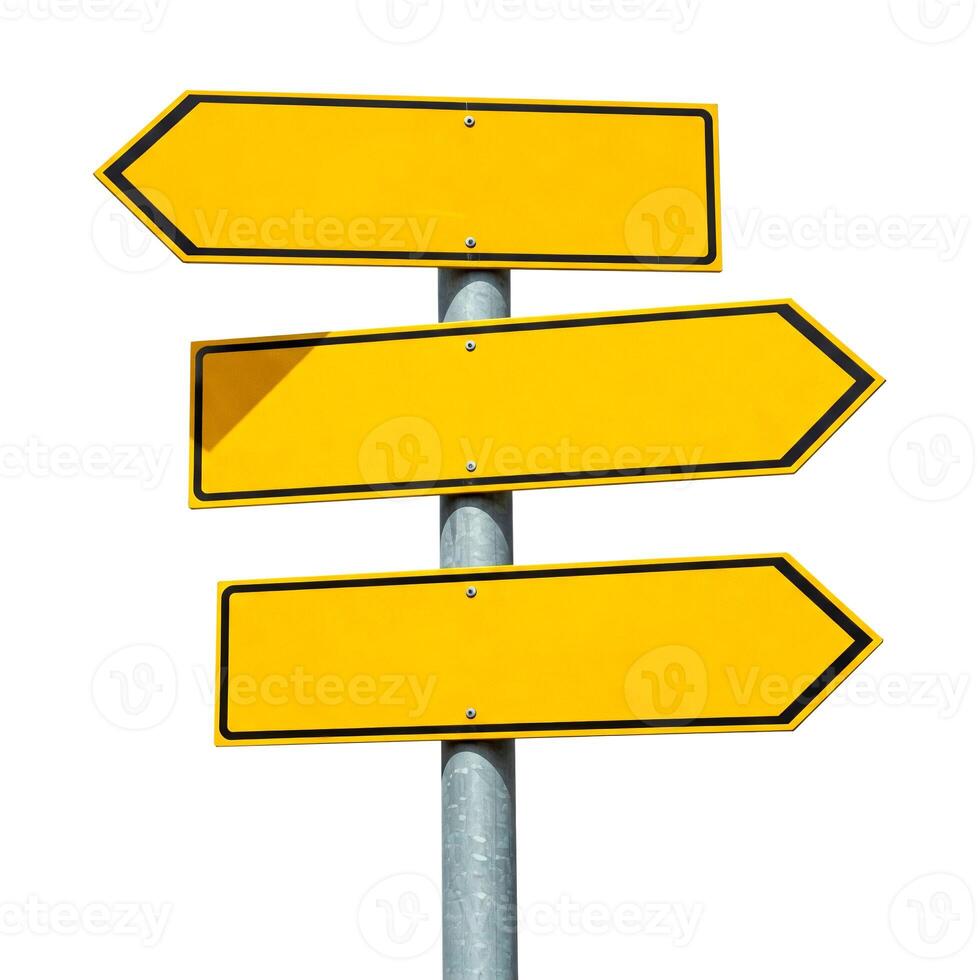 Blank yellow signpost with three placard isolated on white background. template mock up photo