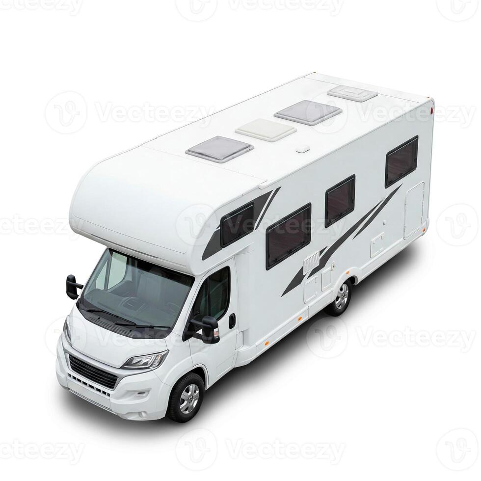 Modern Camper Van isolated on white background. High angle view photo