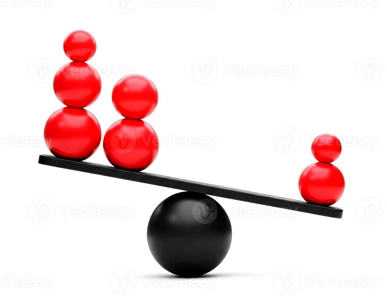 Red spheres balancing on a seesaw isolated on white background. balance, power, and importance concept photo