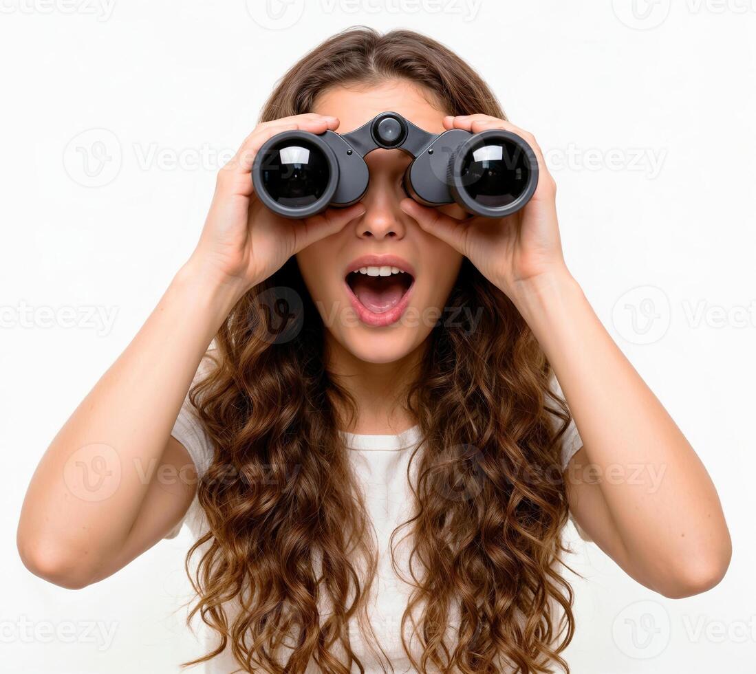 Astonished woman with long curly hair using binoculars with surprised expression, isolated on white background photo