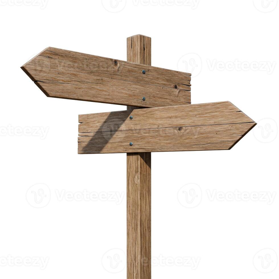 Blank wooden directional sign with two opposite boards isolated on white background photo