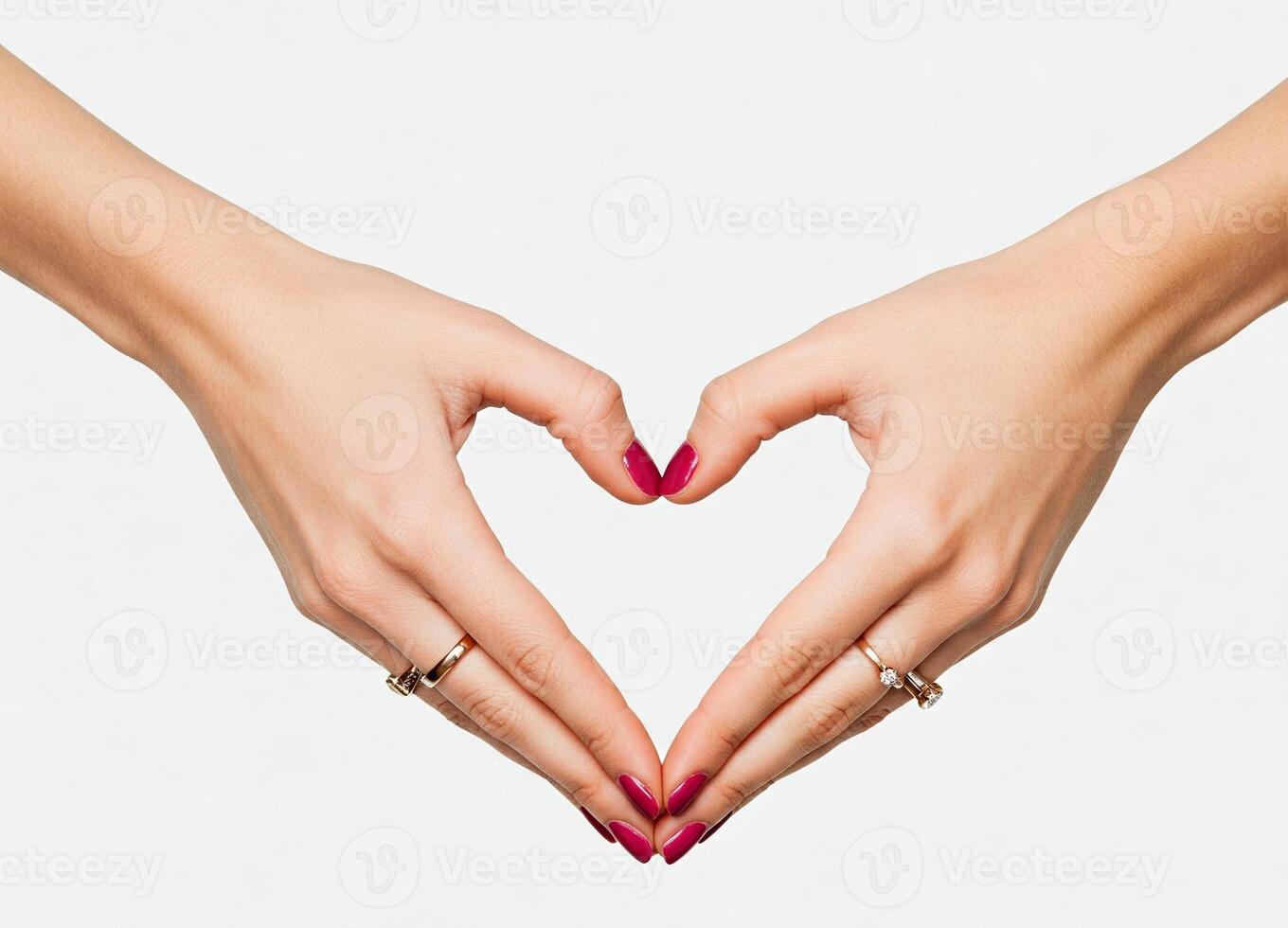 Delicate female hands, adorned with jewelry, forming a heart shape isolated on gray background photo