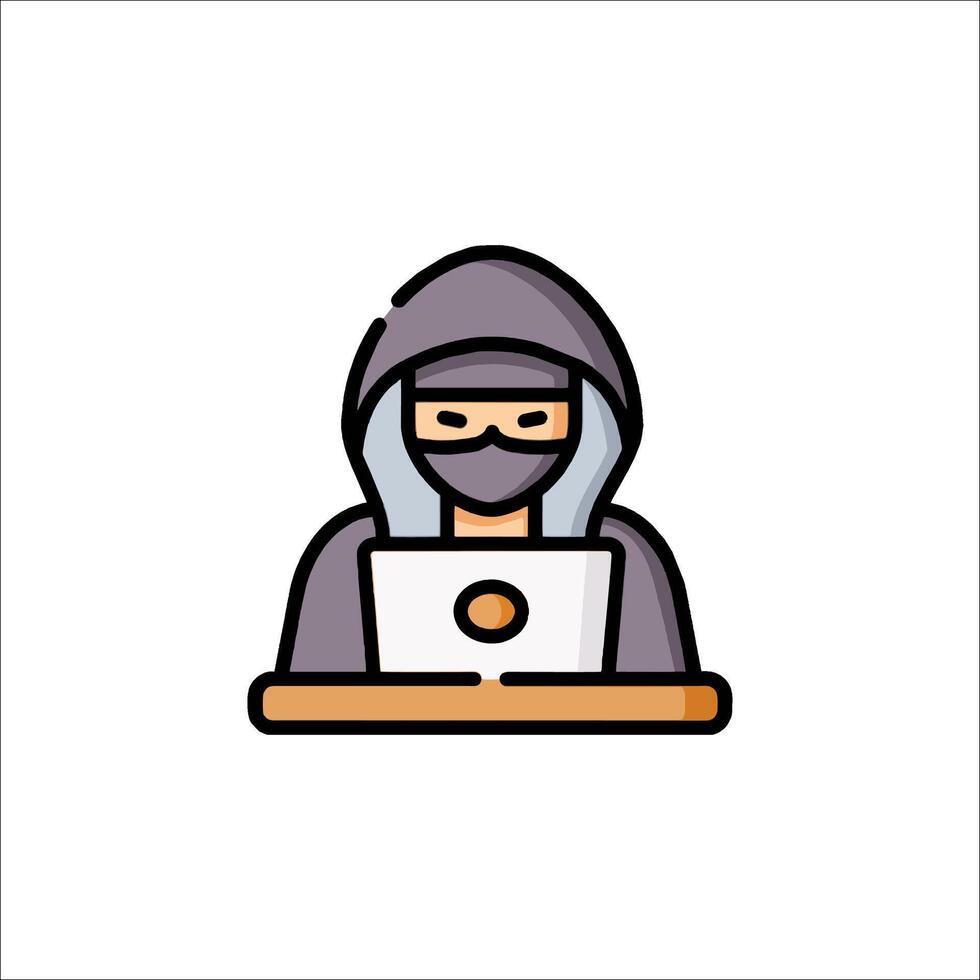 A person in a hoodie and mask sitting at a desk with a laptop vector