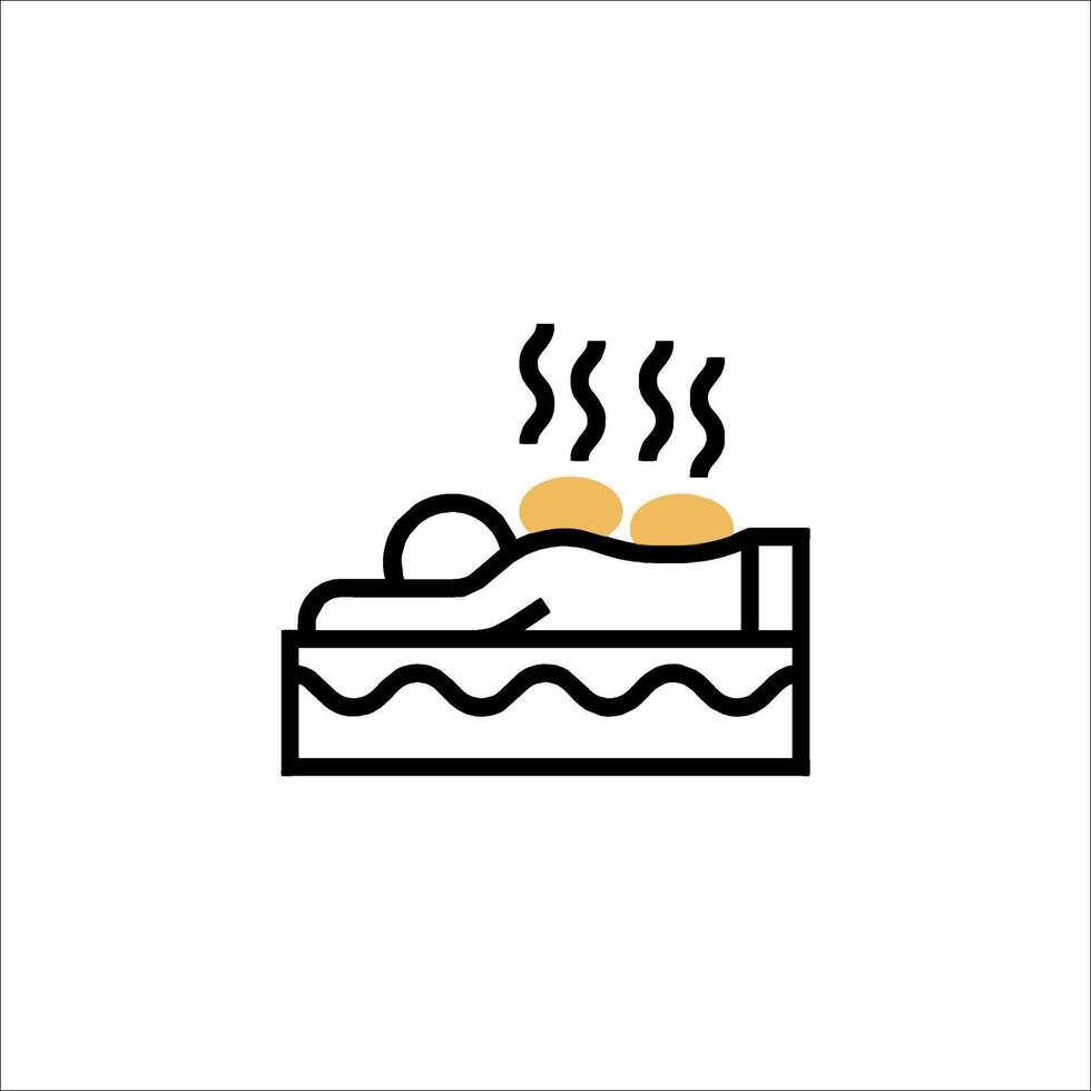A man laying in bed with a hot plate on top vector