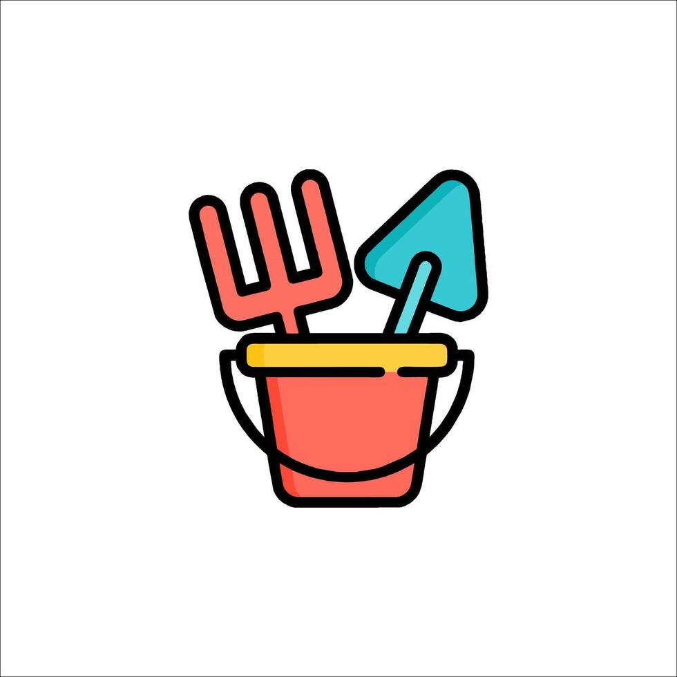 A colorful icon of a bucket with a shovel and fork vector