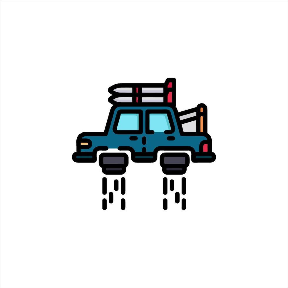 A car with a surfboard on top of it vector