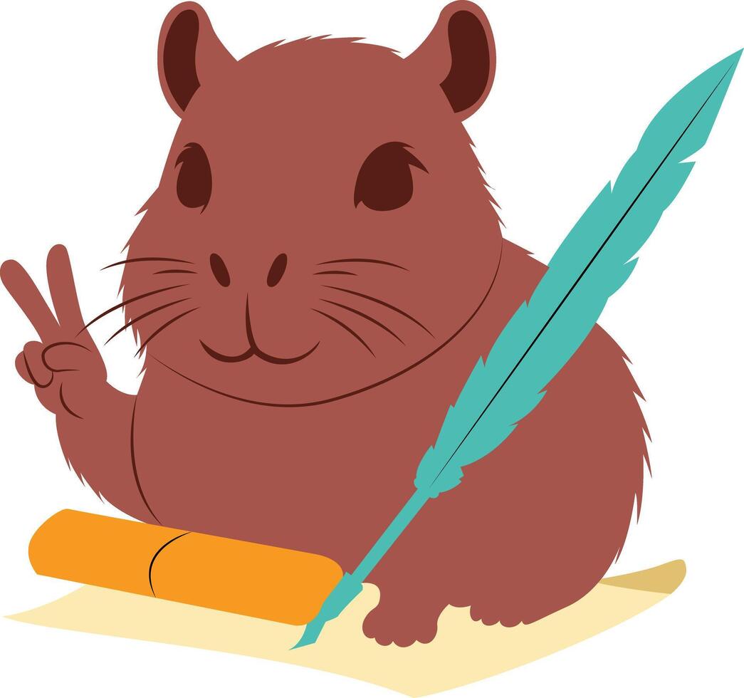 A cartoon rat sitting on a piece of paper with a pen and a feather vector