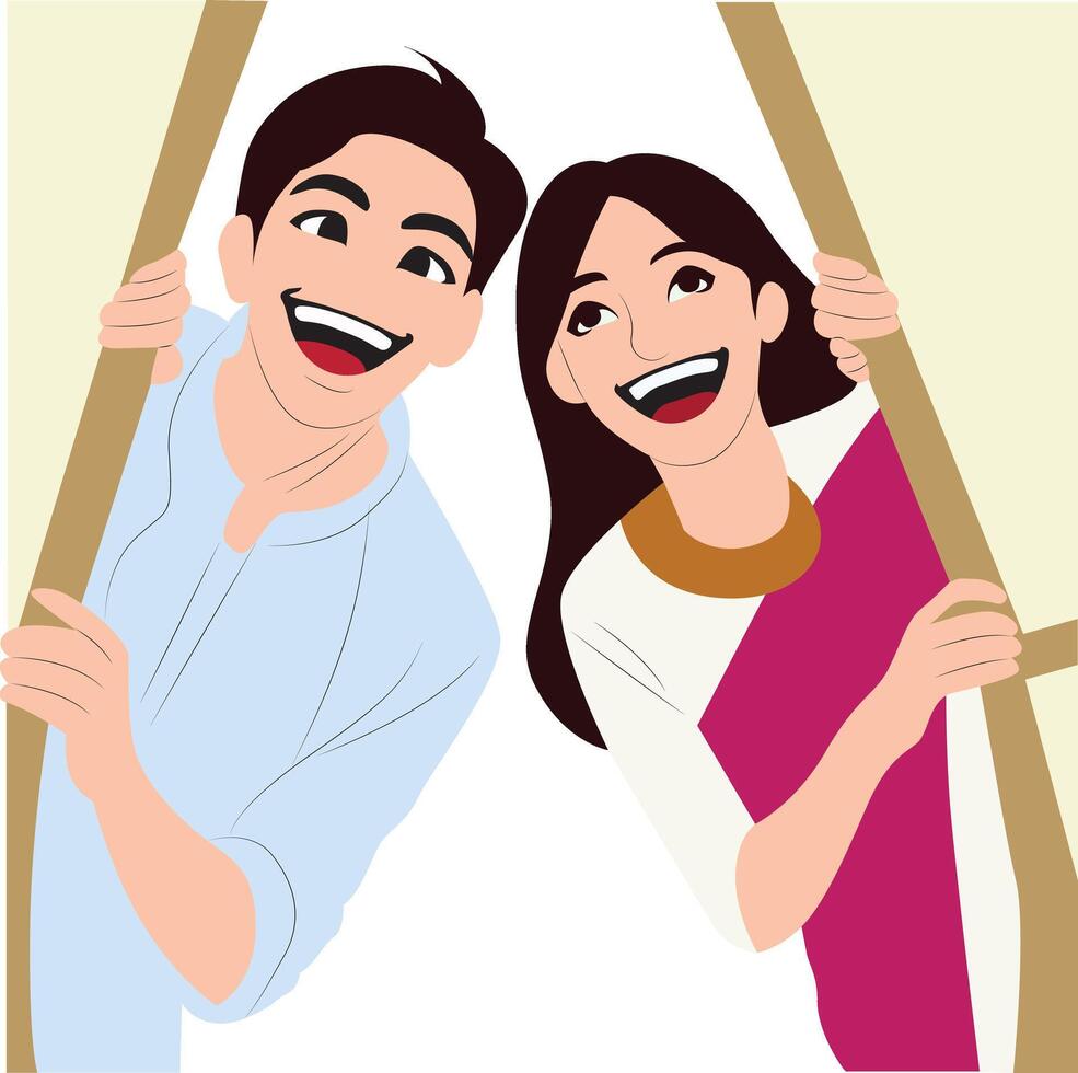 Happy Couple Peeking Through Walls, happy Asalha Puja Day vector