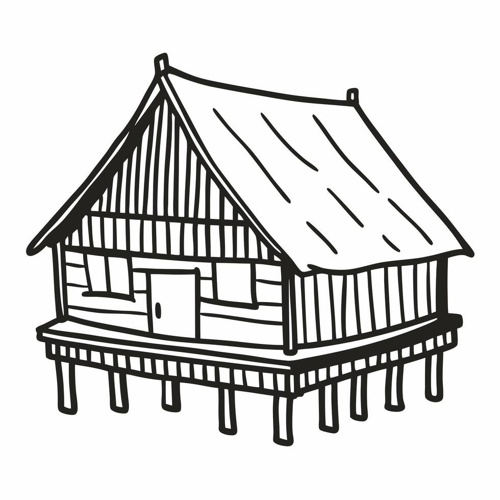 Rustic Wooden Cabin on Stilts Hand Drawn Illustration for Outdoors and Camping Designs vector