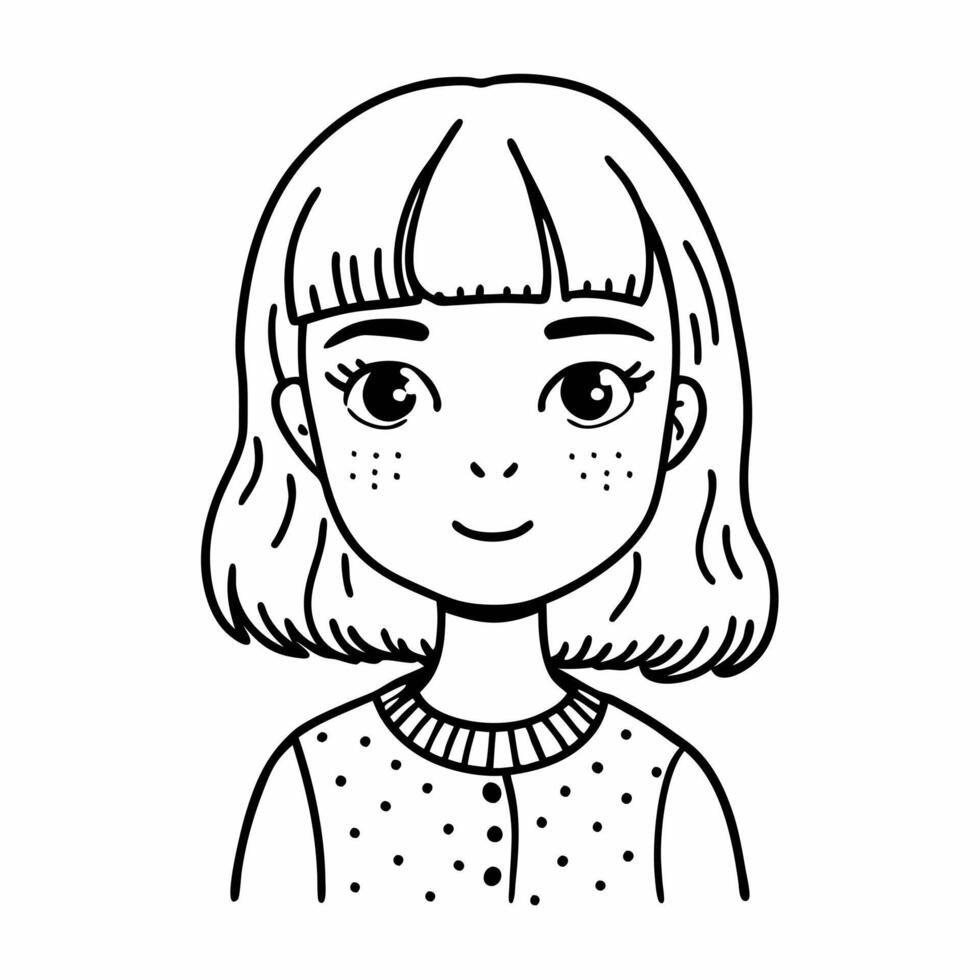 Smiling Girl with Freckles Black and White Portrait of a Young Woman with Short Hair vector