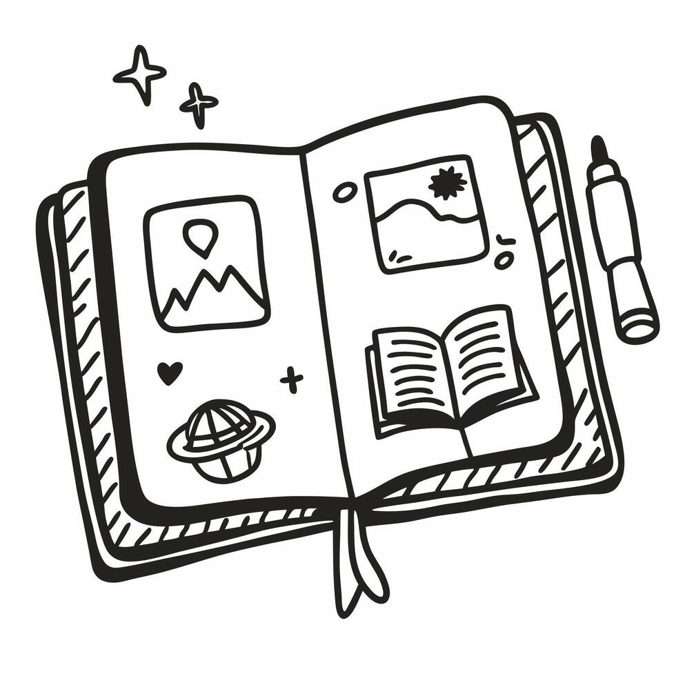 Hand Drawn Journal Concept with Icons for Travel and Reading Adventures vector