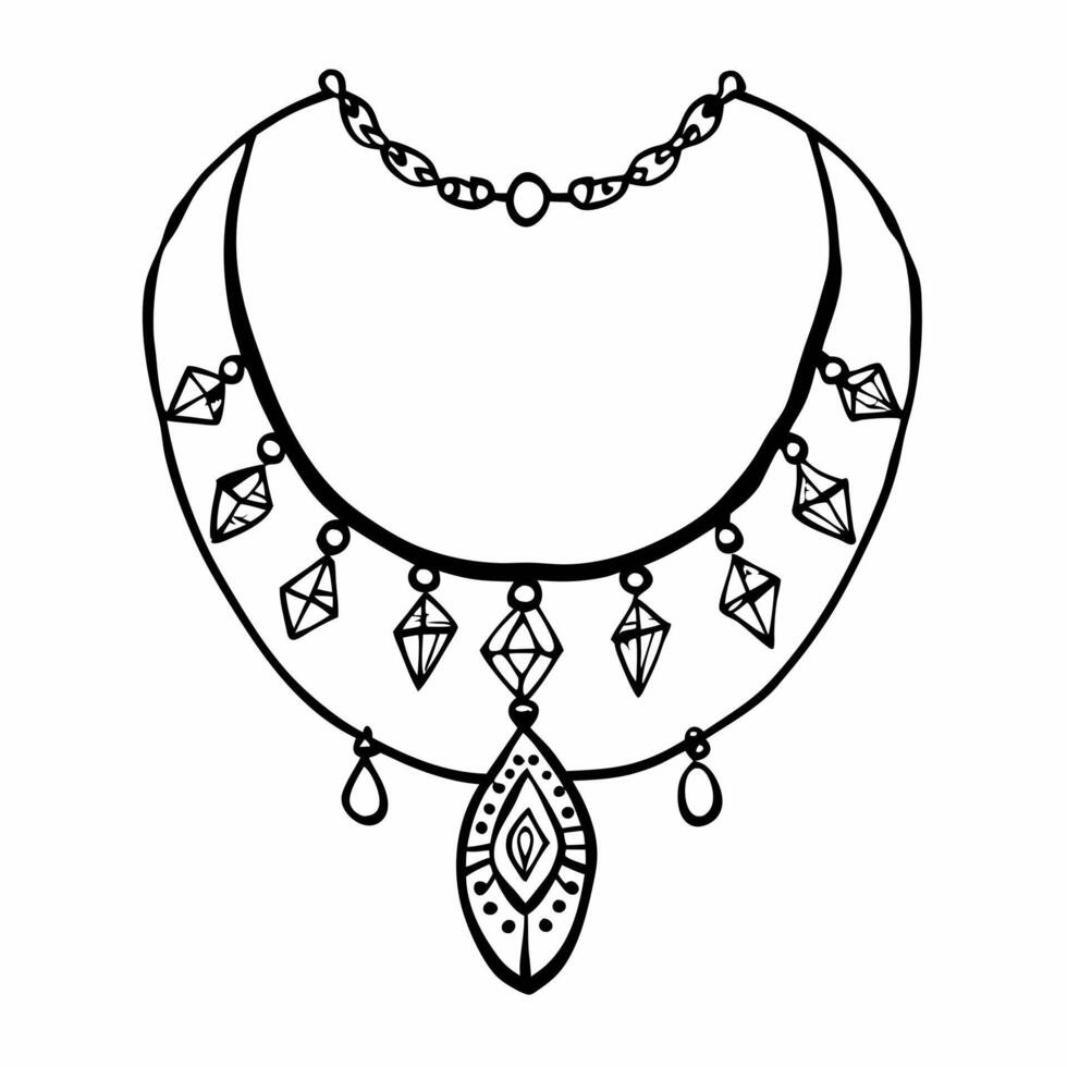 Elegant Hand Drawn Necklace with Gemstone Pendants in Black and White Illustration vector
