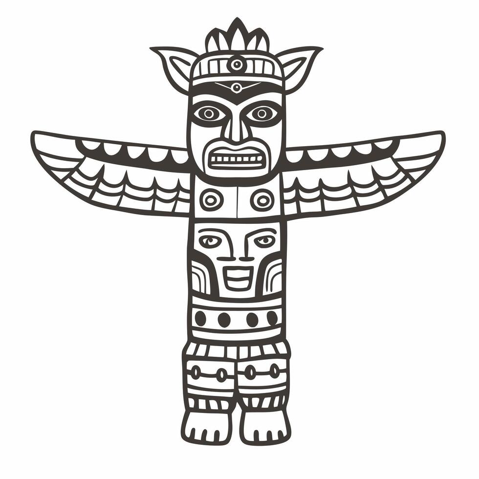 Intricate Tribal Totem Pole Illustration in Black and White Line Art Design vector