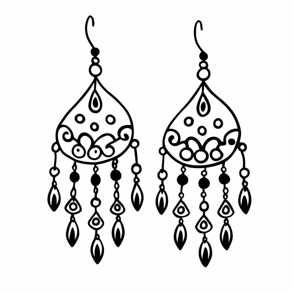 Elegant Bohemian Dangle Earrings Line Art Illustration in Black and White vector