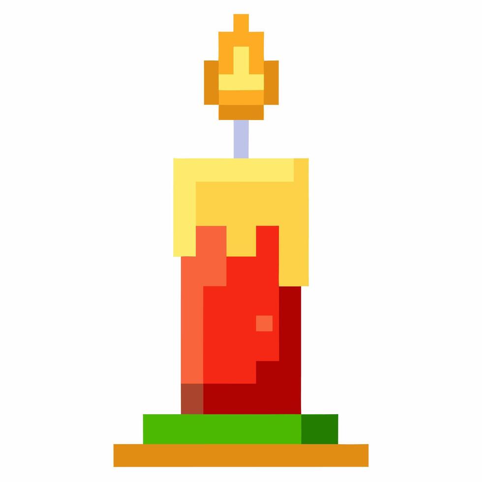Pixel Art Candle with Flame on Green Base Colorful Digital Illustration vector