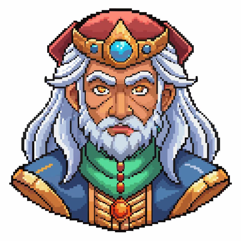 Pixel Art Fantasy King with Crown and Long White Beard Style vector