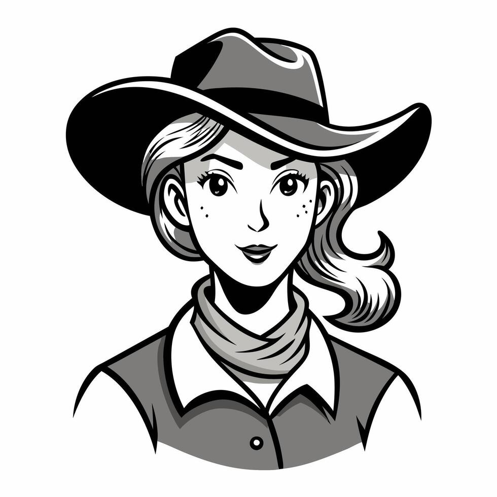 Monochrome Illustration of a Female Cowboy with Hat and Bandana vector