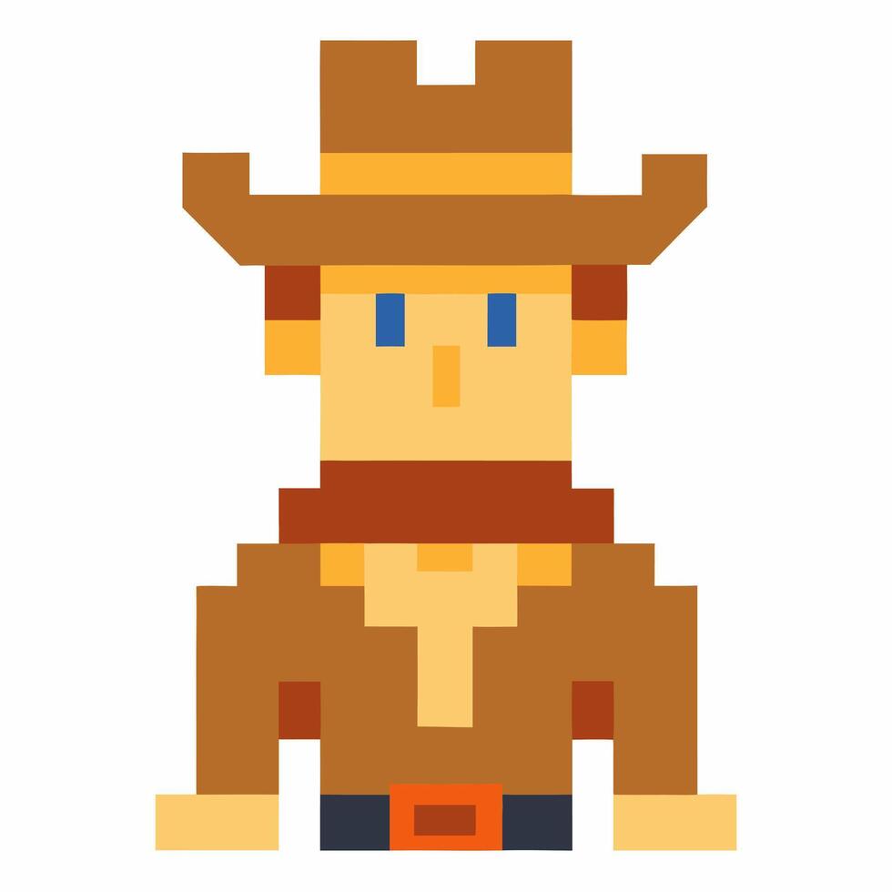 Pixel Art Cowboy Character in Brown Outfit and Hat with Blue Eyes vector
