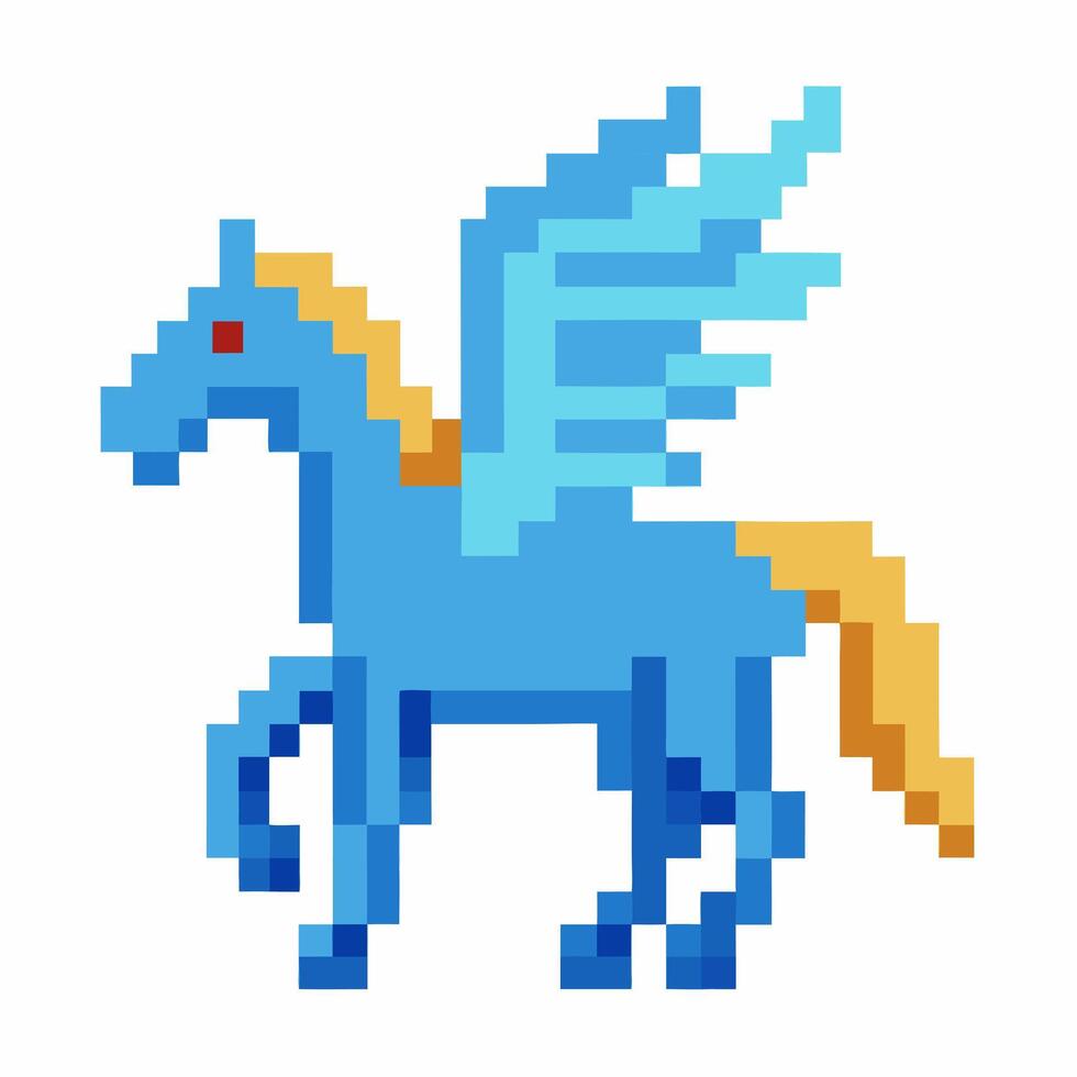 Pixel Art Blue Pegasus with Yellow Mane and Blue Wings Retro Gaming Mythical Creature vector