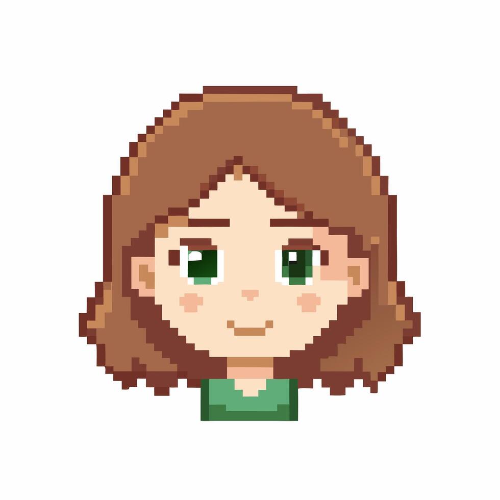 Pixel Art Portrait of a Girl with Brown Hair and Green Eyes in a Green Shirt vector