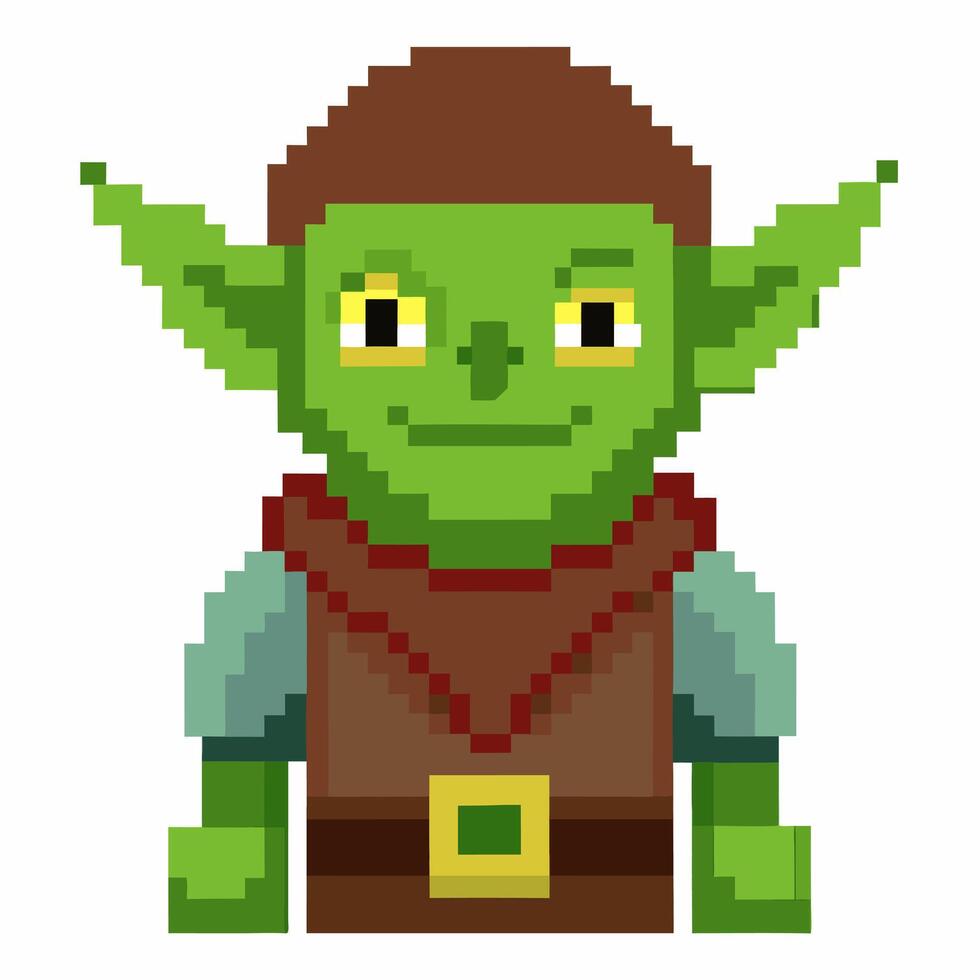 Pixel Art Style Green Goblin Character with Pointed Ears and Brown Outfit vector