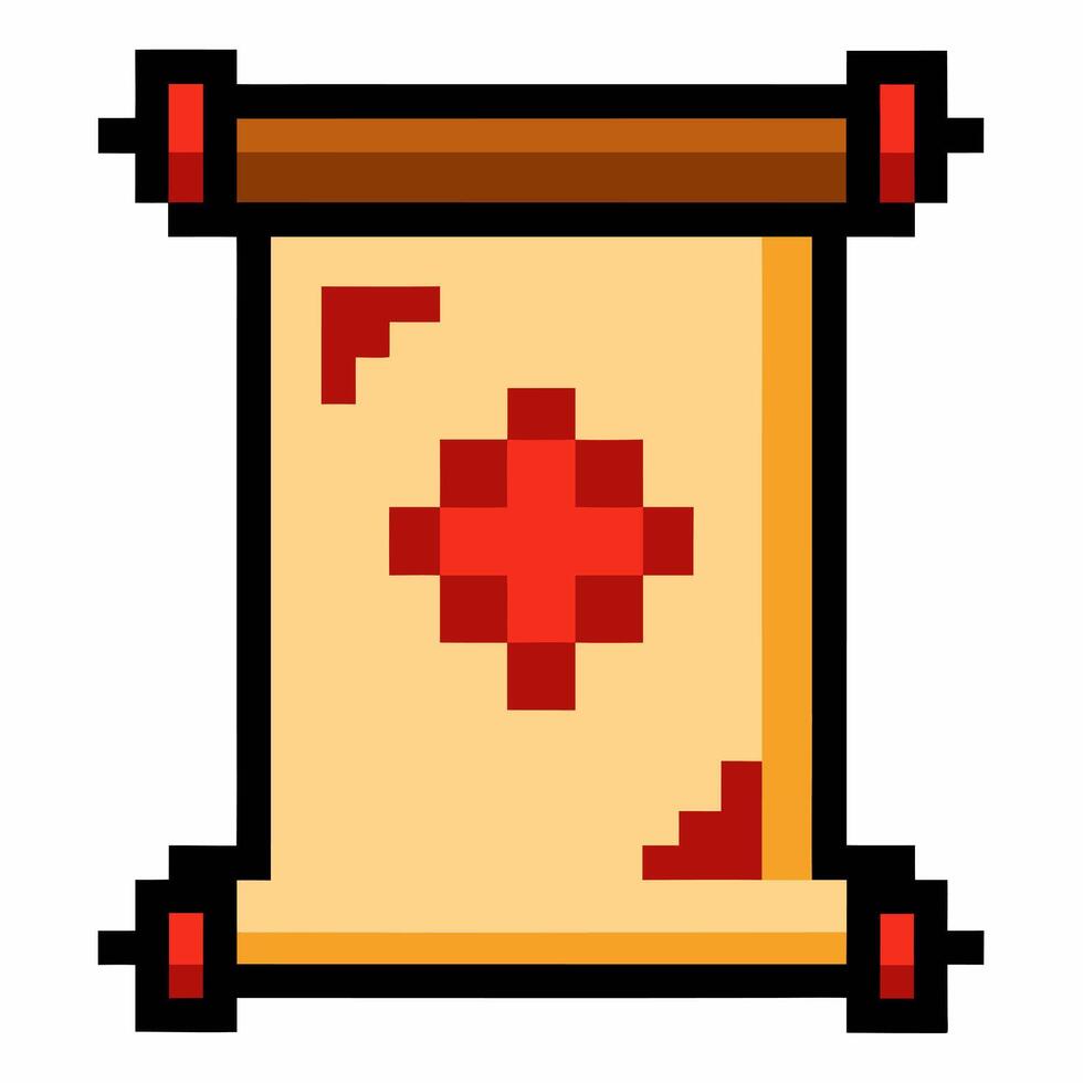 Pixel Art Scroll Icon with Red Ornamental Design on Parchment Background vector