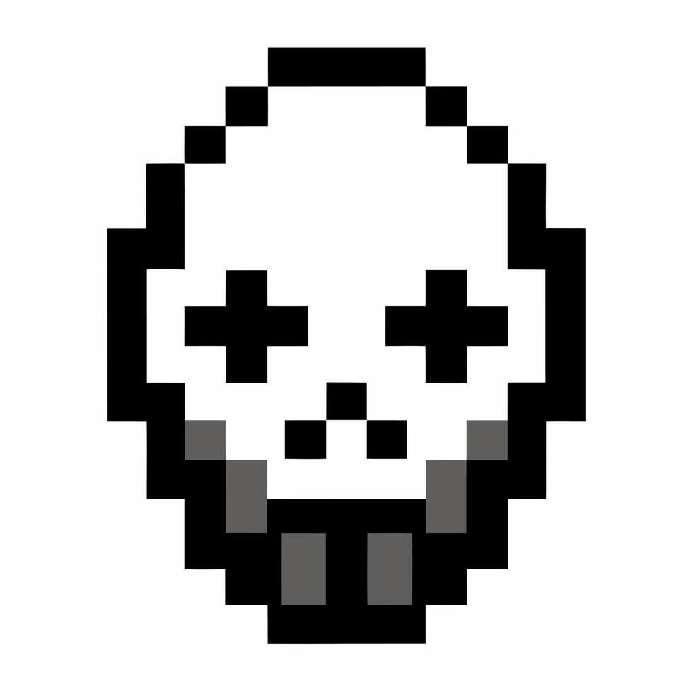 Retro Pixel Art Skull Icon in Black and White with Crossed Eyes, Classic 8 Bit Gaming Style Graphic vector