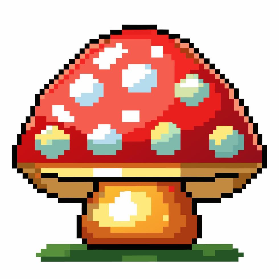 Colorful Pixel Art Mushroom Icon Retro Gaming Graphic with Red Spotted Cap vector