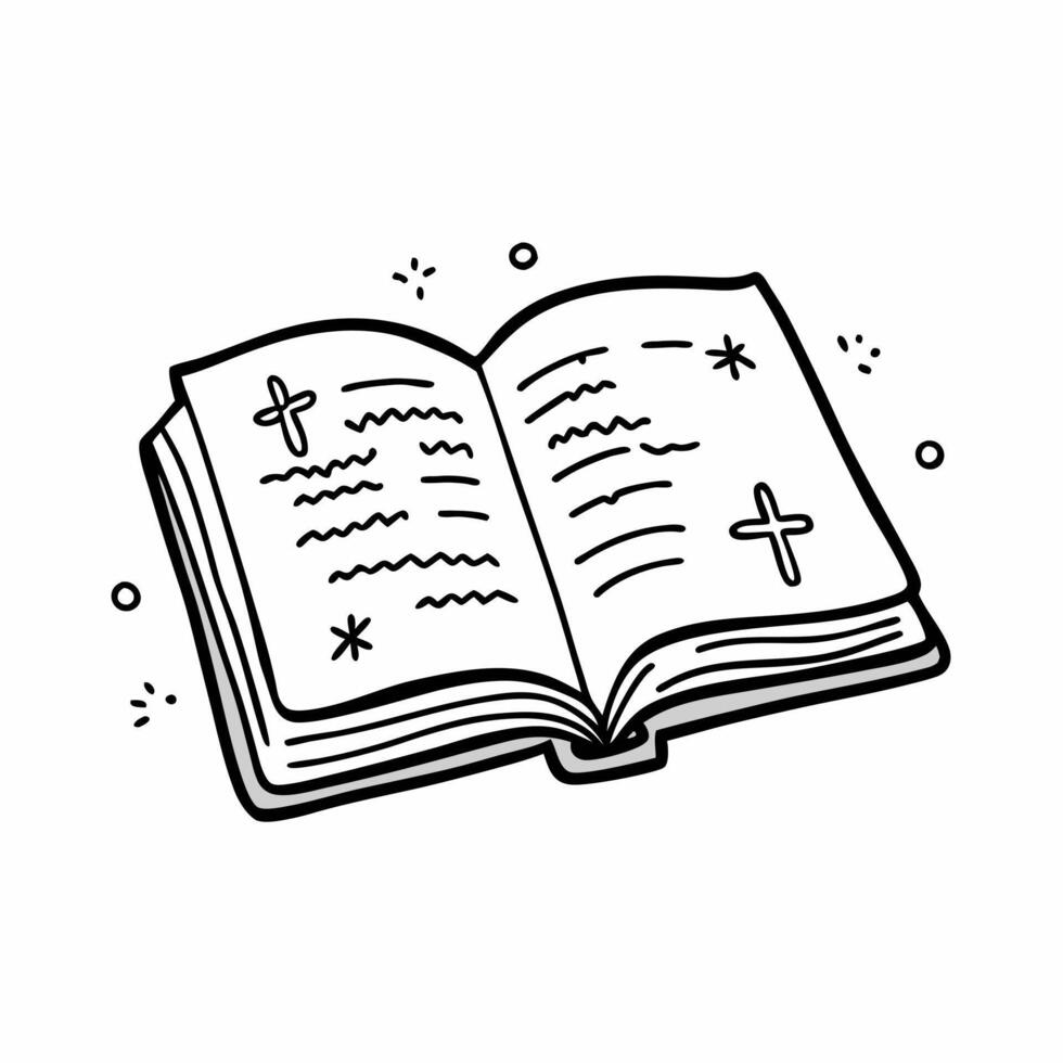 Open Bible with Cross Symbols and Handwritten Text in Black and White Line Art vector