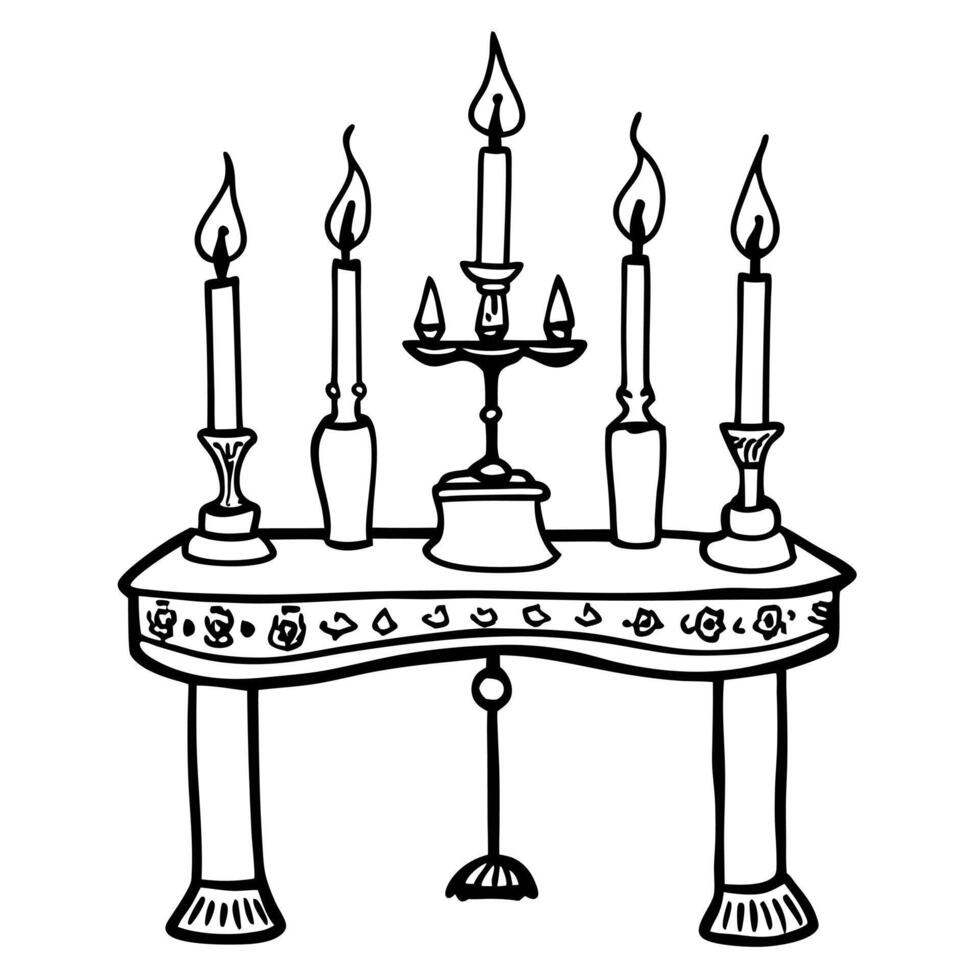 Ornate Candlelit Table With Vintage Candleholders and Five Tall Candles vector