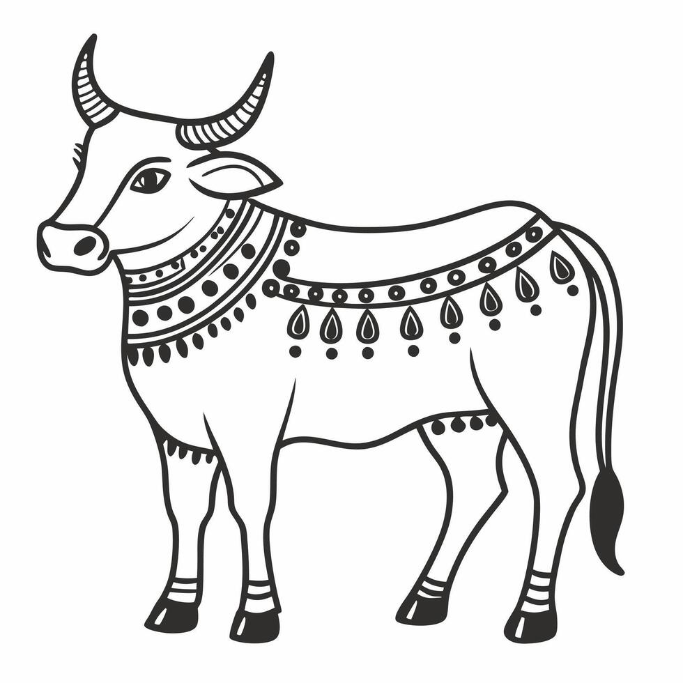 Intricate Line Art of Sacred Cow with Traditional s for Cultural Decor vector