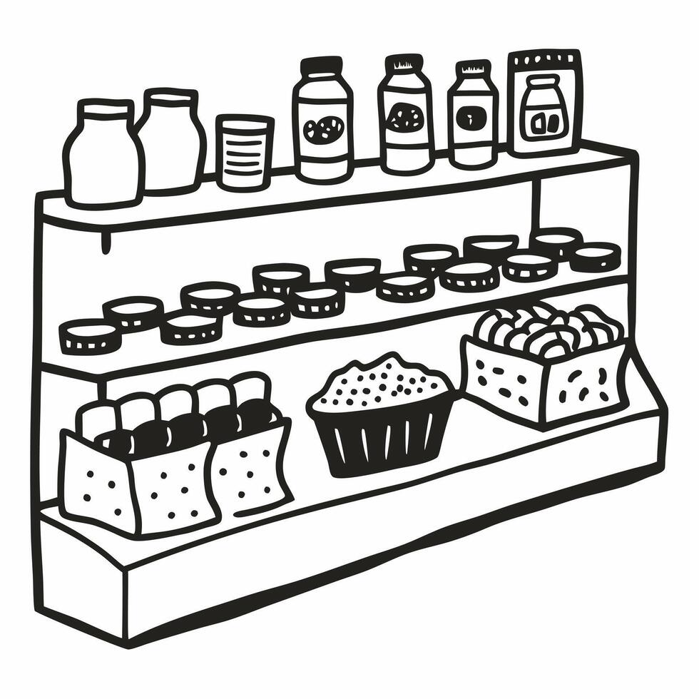 Hand Drawn Doodle of Grocery Shelf with Jars and Baked Goods vector