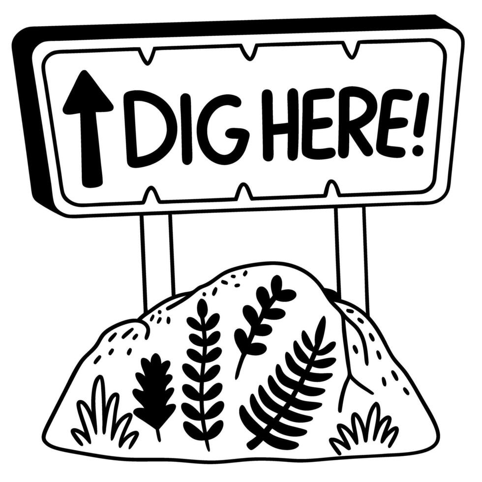 Dig here sign with arrow over rocky terrain direction and excavation theme illustration vector