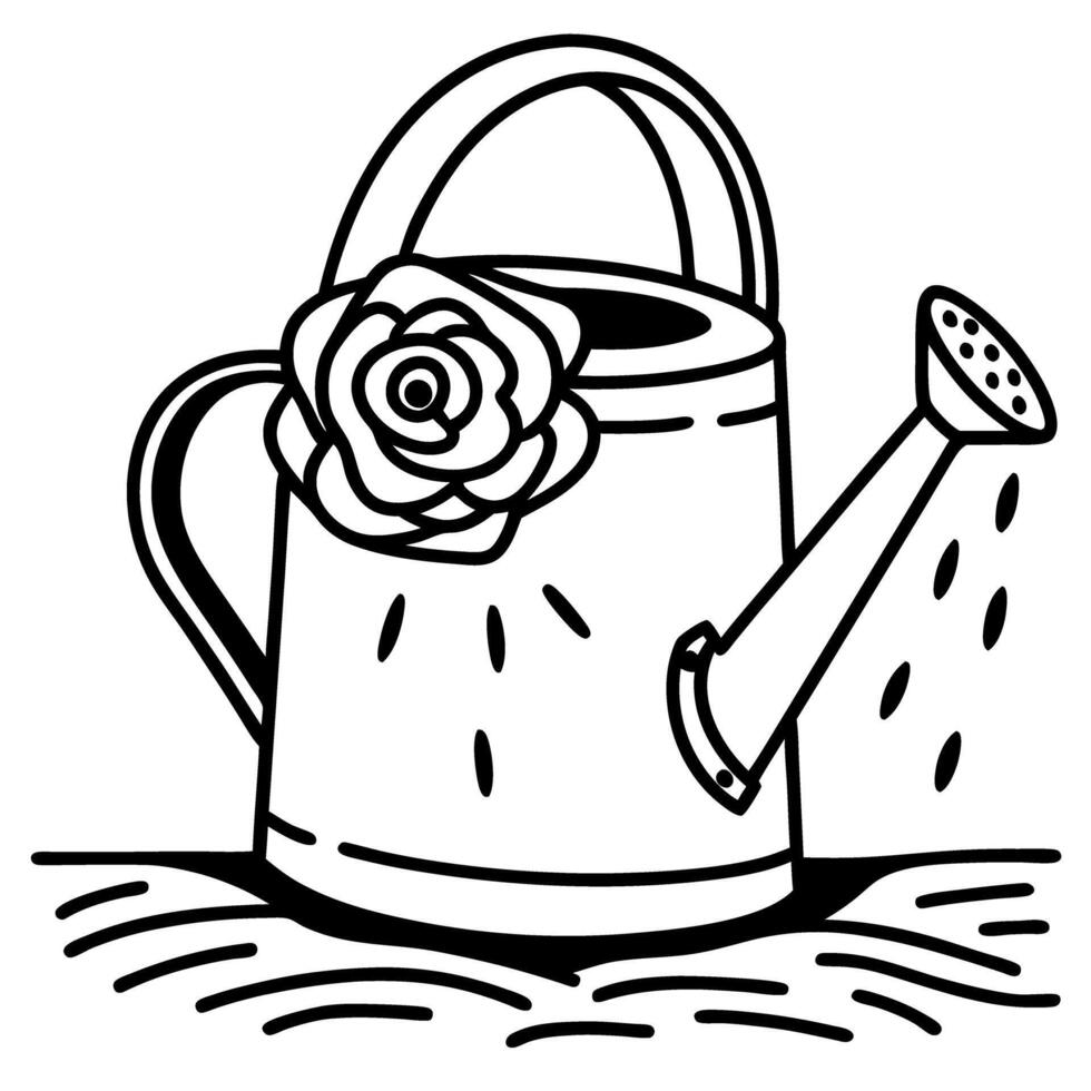 illustrated watering can with flower design, black and white garden tool art vector