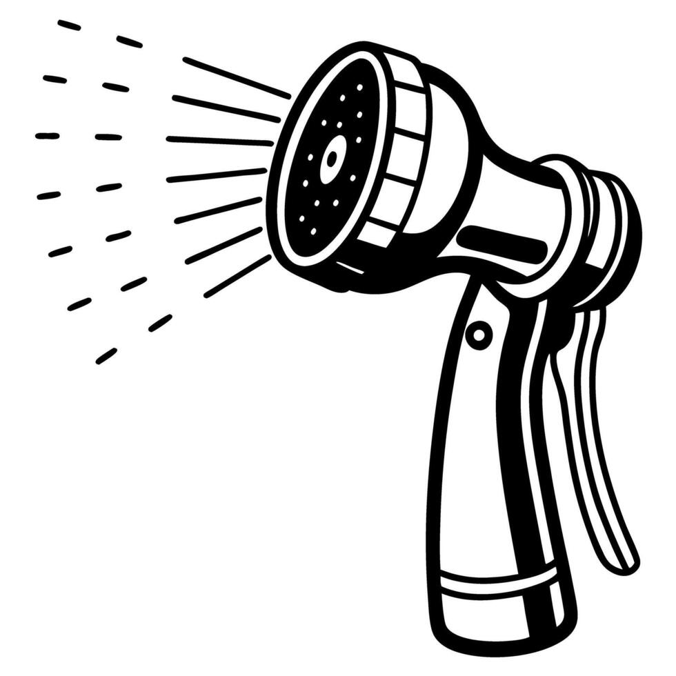 Handheld garden hose nozzle spraying water black and white illustration of watering tool for gardening and lawn care vector