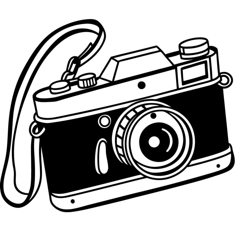 Vintage camera illustration with strap, black and white retro equipment design vector