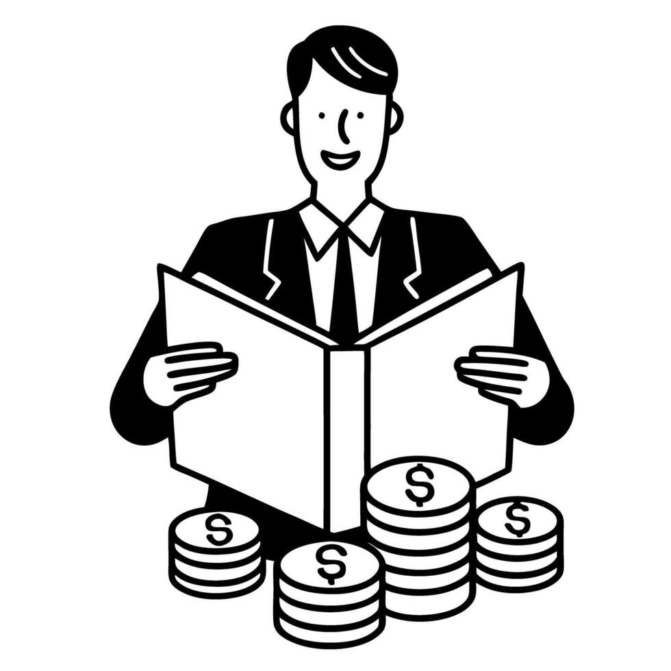 Businessman reading finance book, surrounded by coin stacks wealth, investment knowledge, financial growth vector