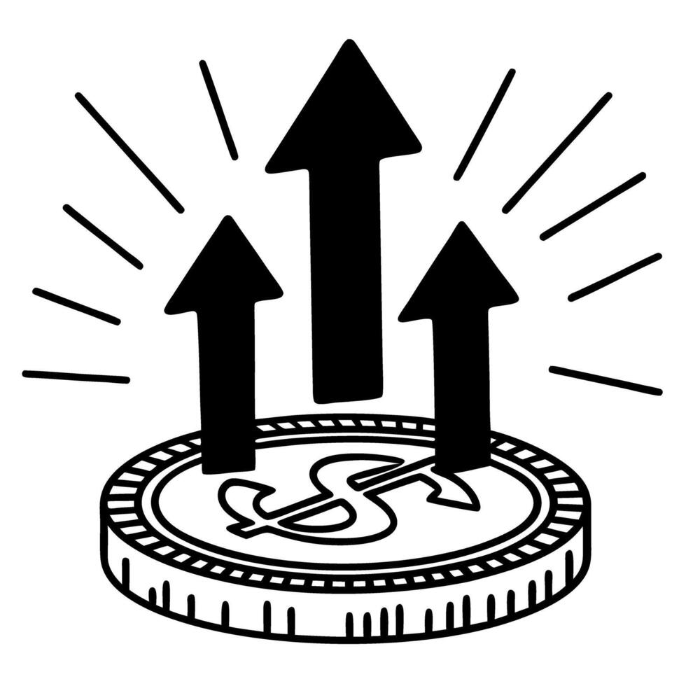 coin with upward arrows symbolizing economic growth and investment gains in a rising market trend vector