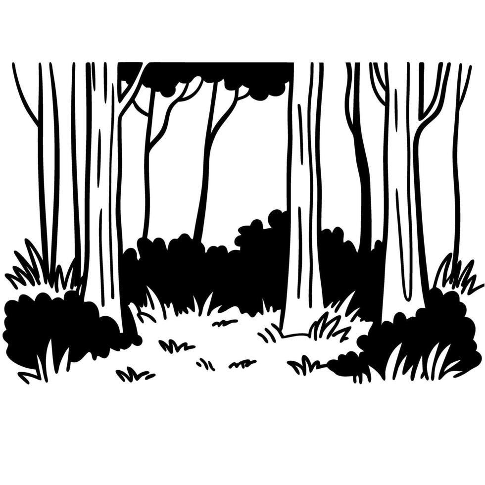 minimalist forest illustration black and white trees and bushes in nature art vector